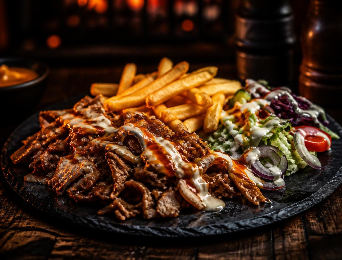 Kebabtallrik med pommes och kebabsås